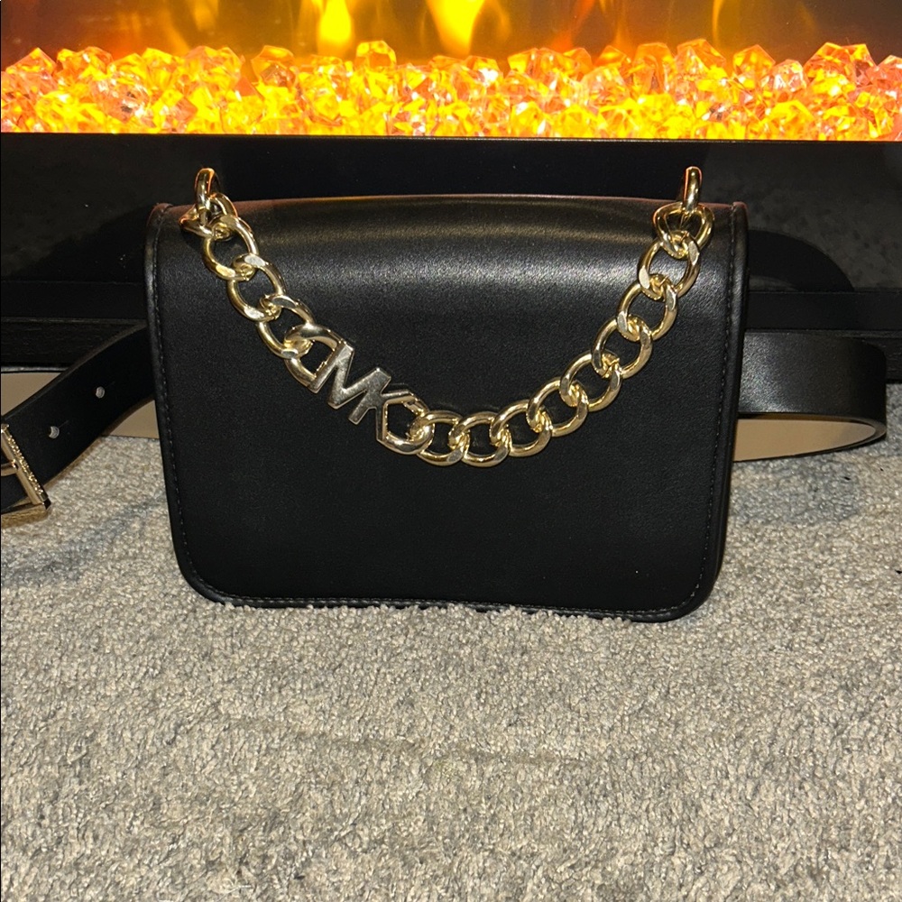 Michael Kors Black Belt Bag with Gold Chain Accent